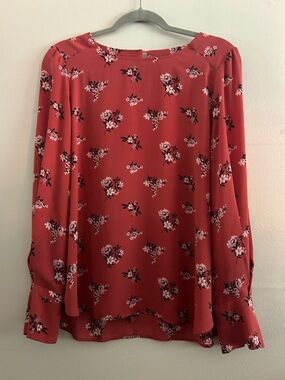 LOFT Coral-Red Floral Long-Sleeve Blouse